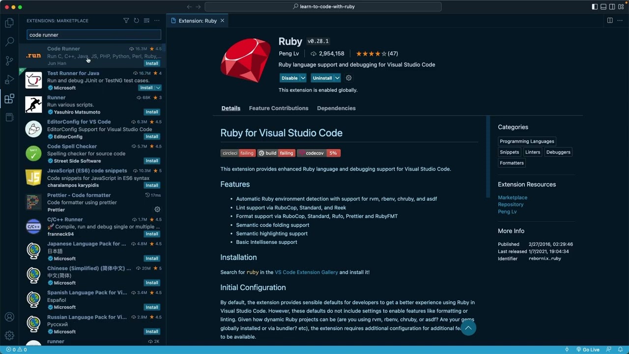 Tutorial Ruby | Studying to program with Ruby V2 - 01 - Introduction & Set up - 14 - Set up VSCode extensions